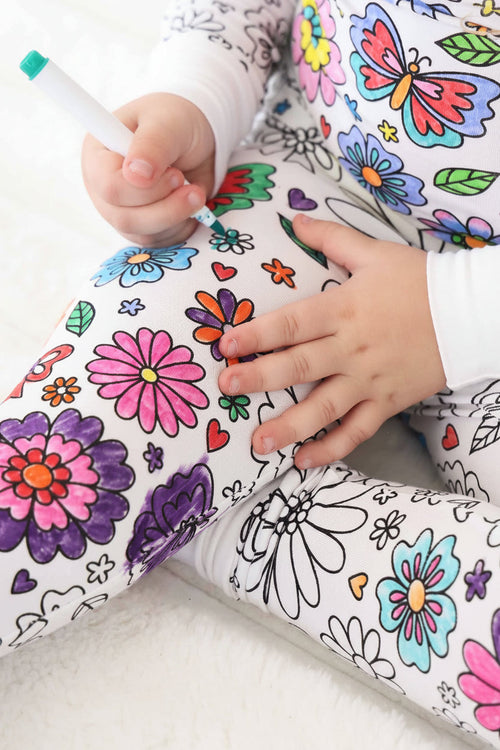 Colorable Two Piece Pajama Set | Floral Flutter