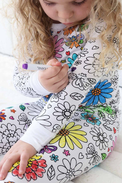 Colorable Two Piece Pajama Set | Floral Flutter