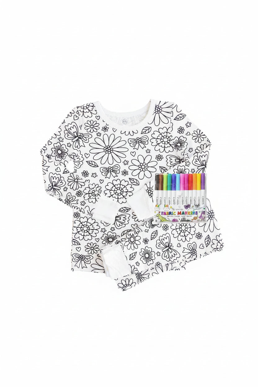Colorable Two Piece Pajama Set | Floral Flutter