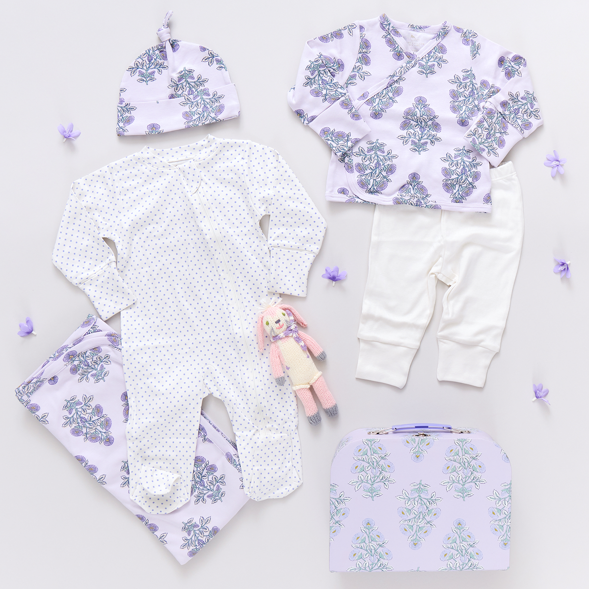 Nesting Box Baby Take Home Set - Lavender Bouquet Floral Blockprint