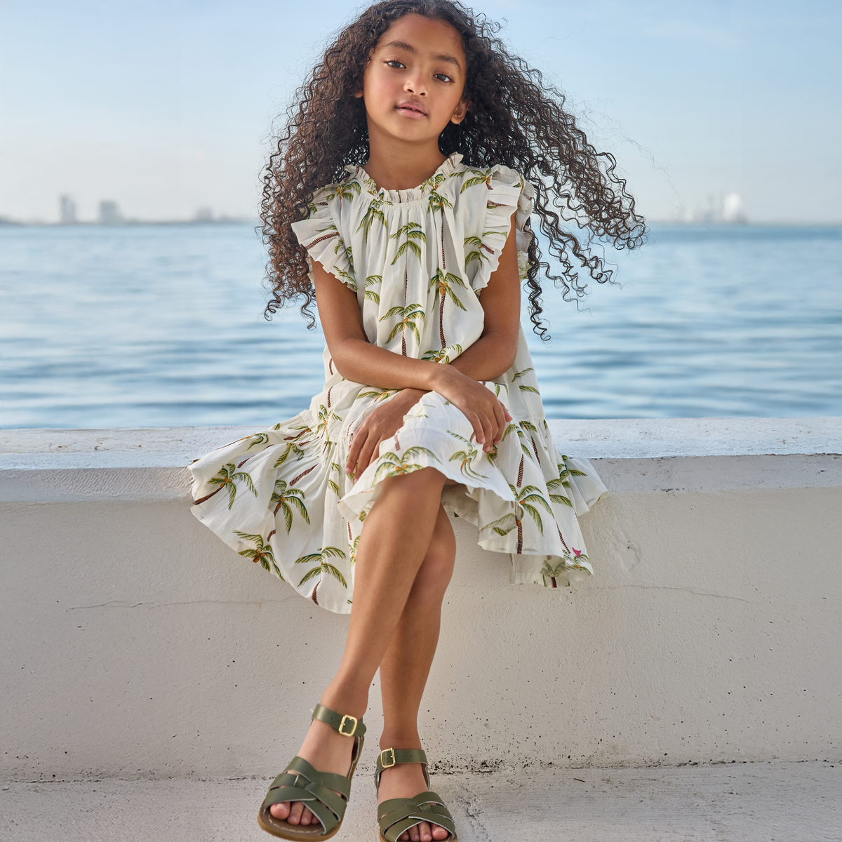 Girls Harper Dress - Cream Palm Trees