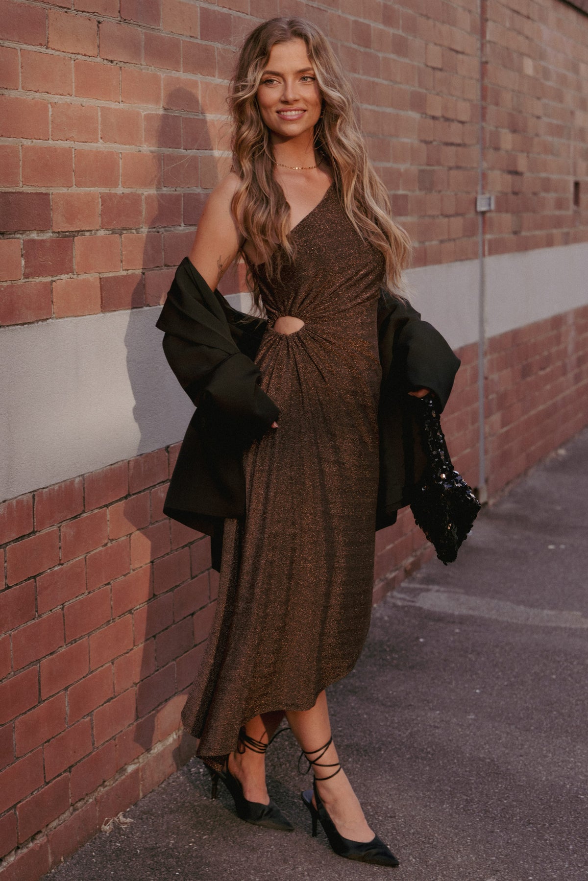 Emma One Shoulder Midi Dress - Vintage Gold