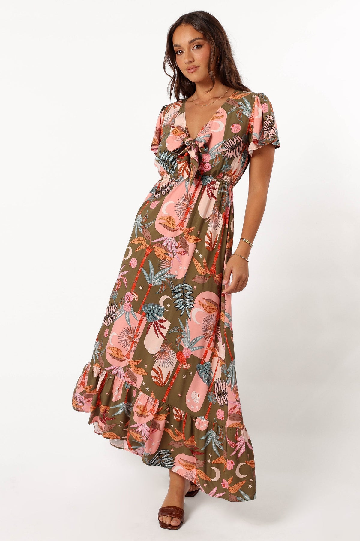 Everly Short Sleeve Maxi Dress - Olive Print