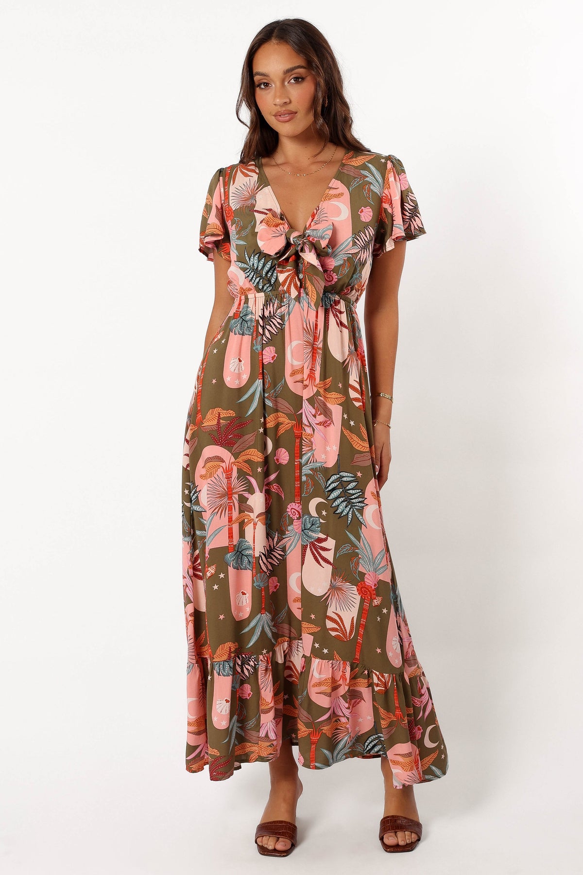 Everly Short Sleeve Maxi Dress - Olive Print