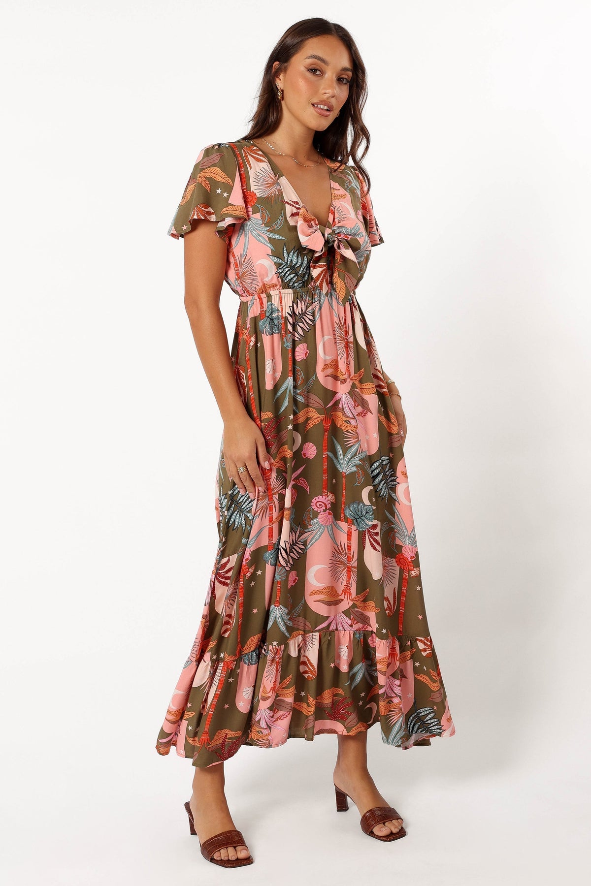 Everly Short Sleeve Maxi Dress - Olive Print