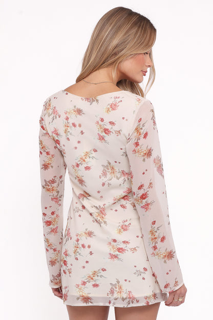 Everlyn Long Sleeve Mini Dress - Cream Floral