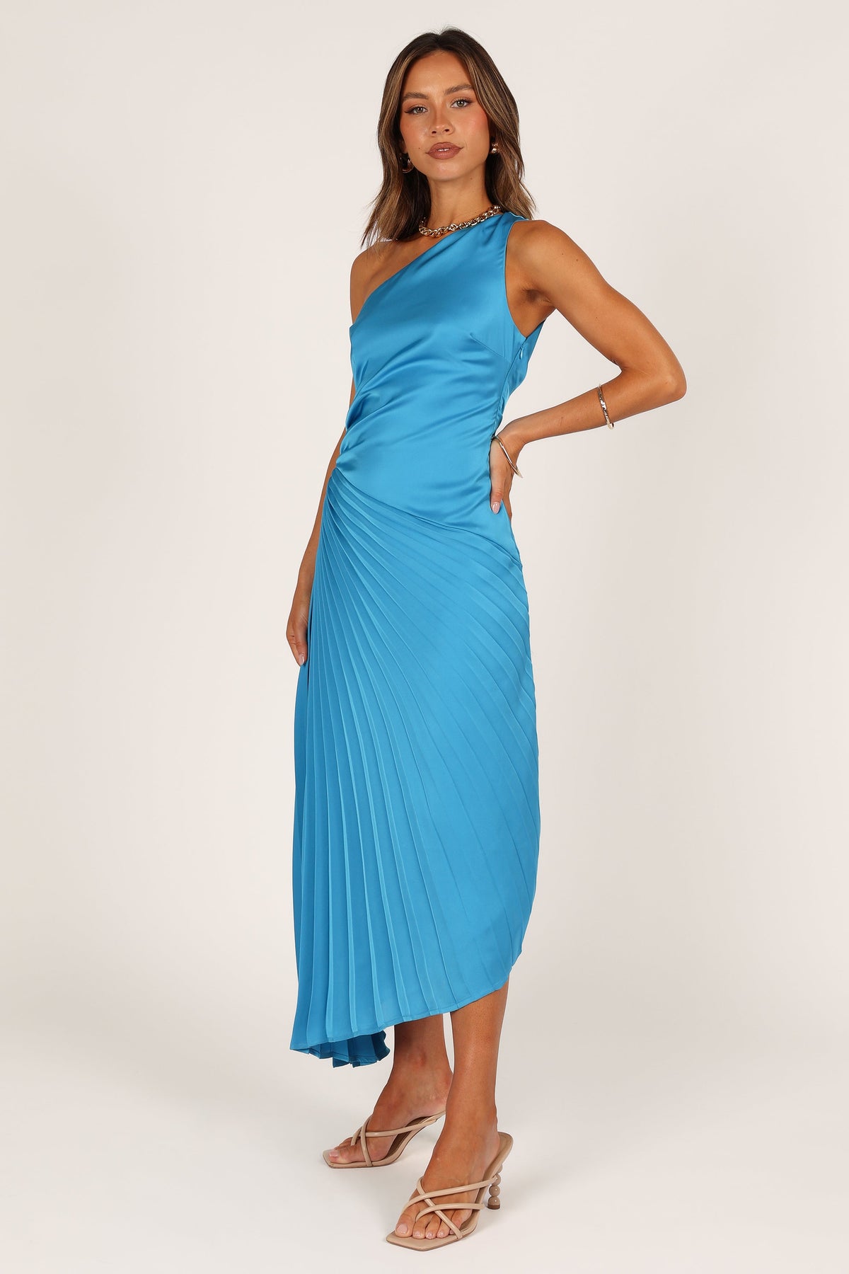 Flin Pleated One Shoulder Midi Dress - Blue