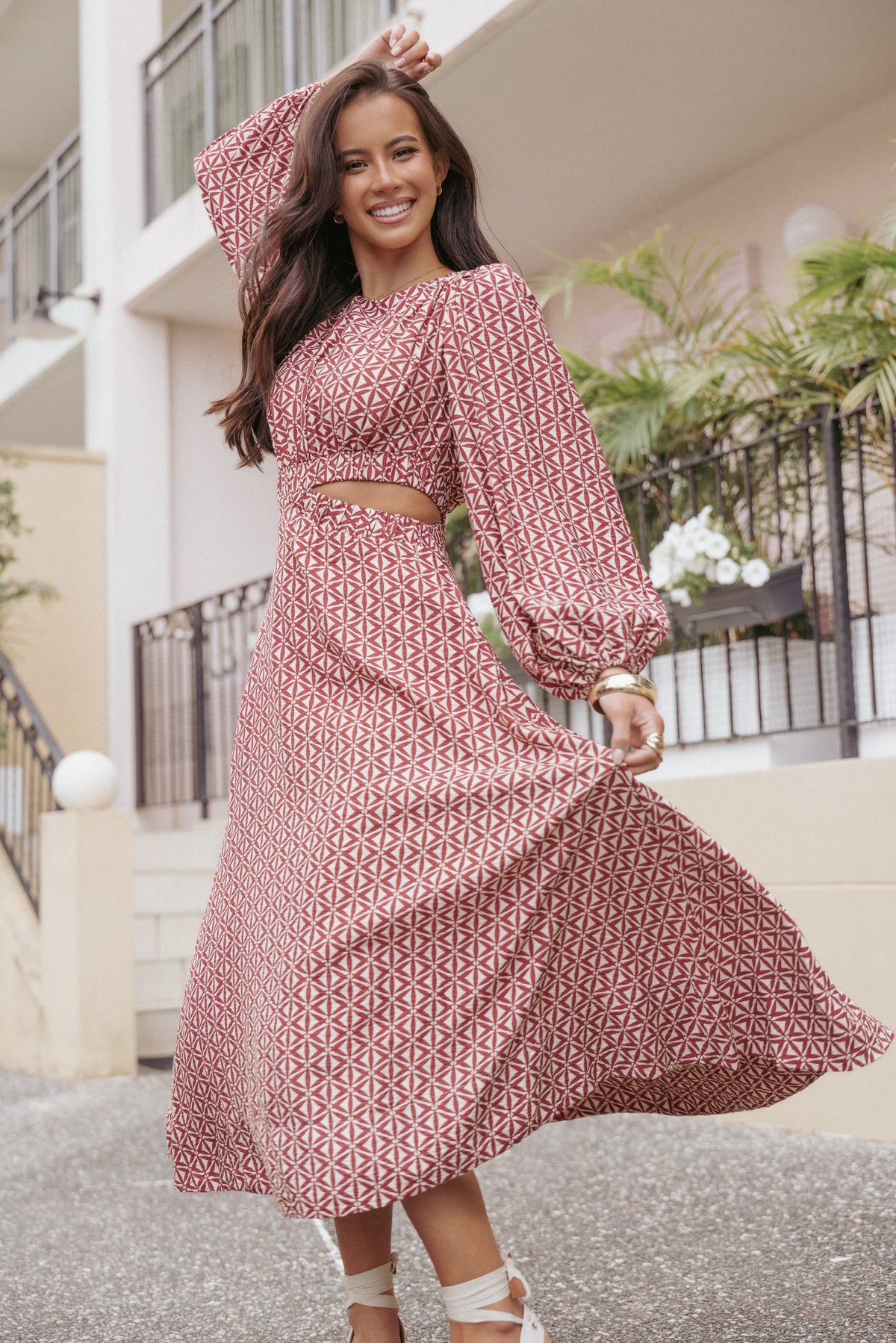 Ginnee Puff Sleeve Cutout Midi Dress - Brown Geo