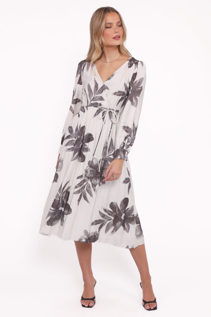 Grainne Long Sleeve Midi Dress - Black/White Floral