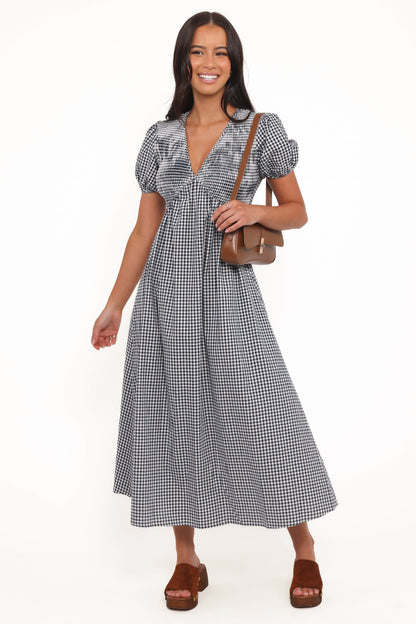 Ilyana Short Sleeve Maxi Dress - Navy Gingham