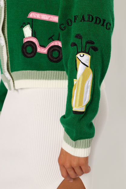 Golf Embroidered Patch Button Front Cardigan - Field Green