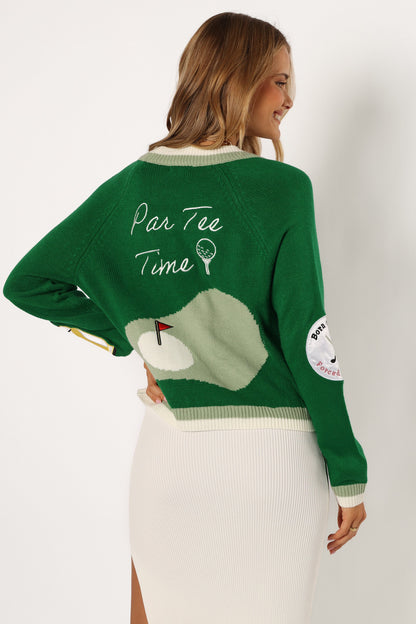 Golf Embroidered Patch Button Front Cardigan - Field Green