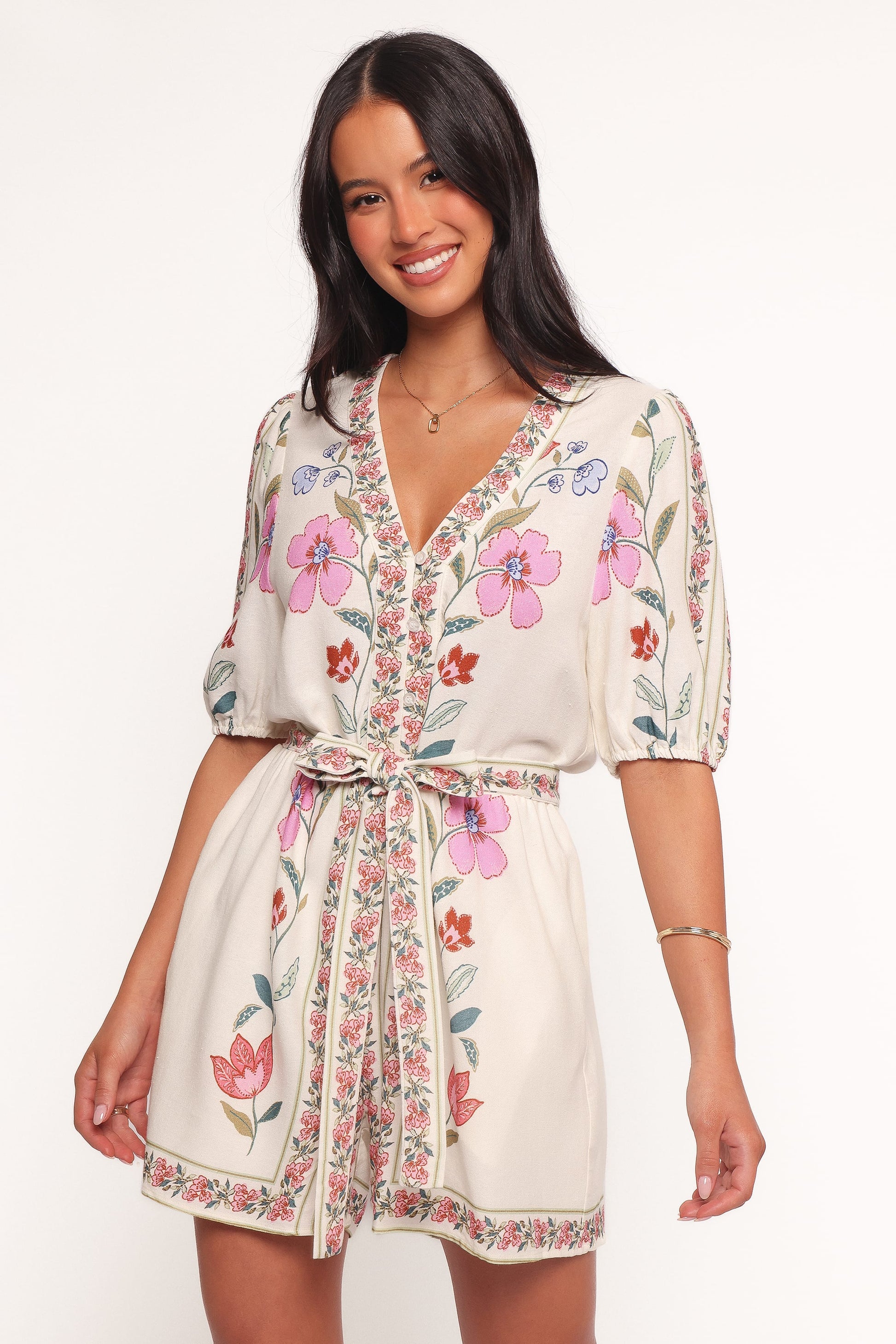 Ginger Tie Waist Romper - Pink Multi