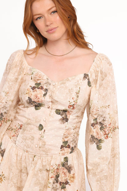 Greta Long Sleeve Romper - Beige Floral