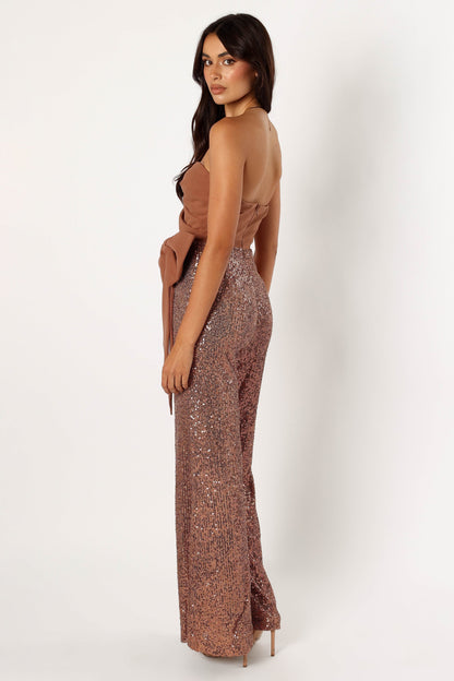Jacquelin Bow Waist Sequin Jumpsuit - Tan