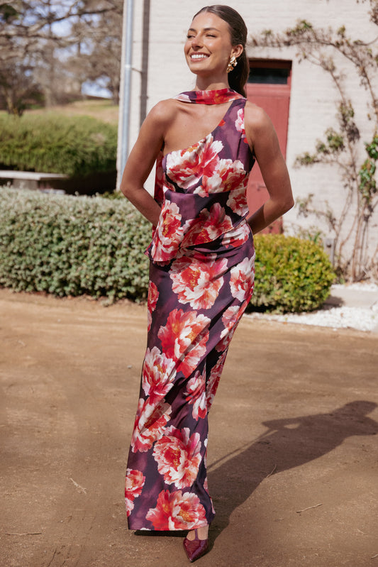 Georgina One Shoulder Skirt Set - Burgundy Peony