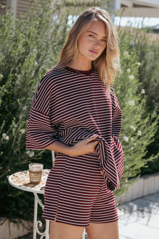 Hellen Stripe Short Set - Burgundy Cream Stripe