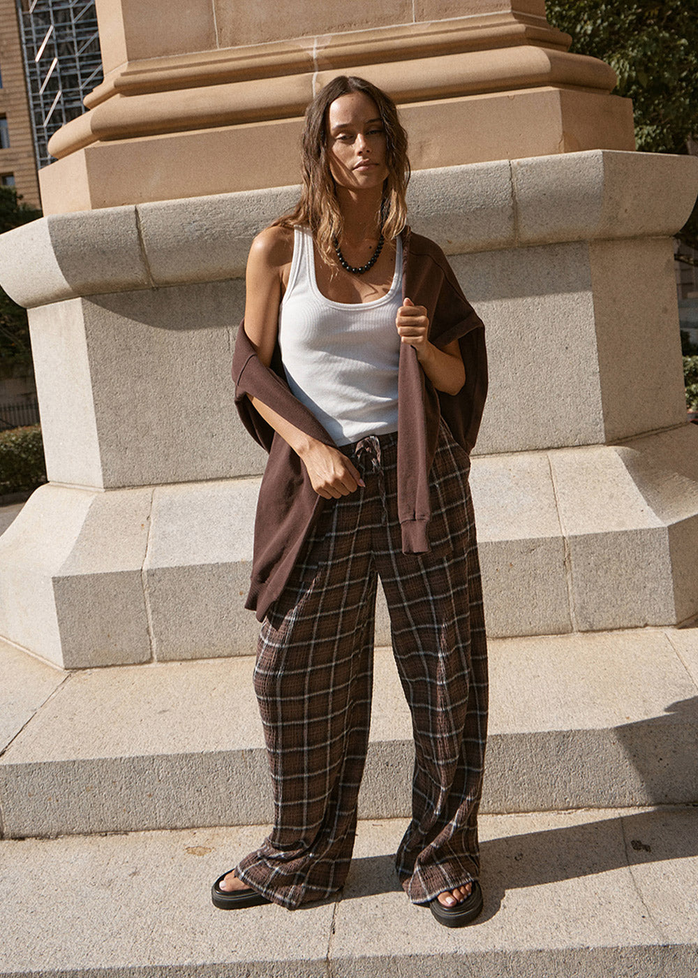 AFENDS Womens Reverie - Seersucker Pant - Coffee Check