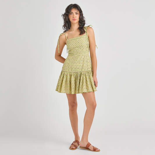 Womens Short Marilyn Dress - Green Prairie Block Print