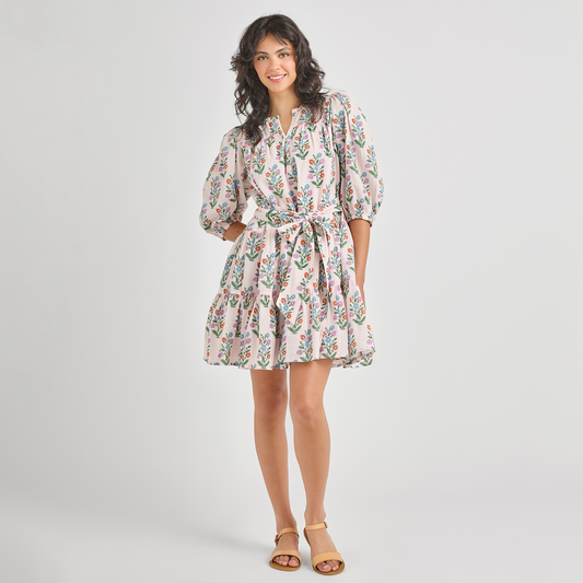 Womens Short Indira Dress - Pink Dewdrop Block Print